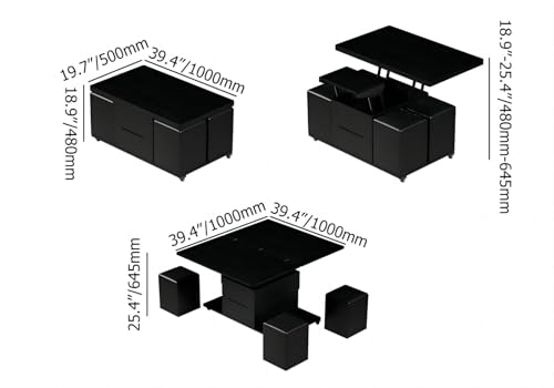 Black Lift-Top Coffee Table with Hidden Storage (3-in-1, 4 Stools, Lockable Wheels)