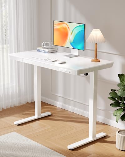 White Wood Electric Standing Desk with Drawer & Charging Ports - Adjustable Height 48x24"