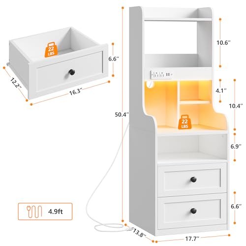 EnHomee White Tall Nightstand with Charging Station and LED Lights - 2 Drawers, Shelves, USB Ports, Large Farmhouse Styl