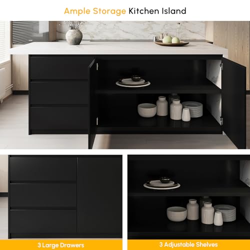 Ample Storage 72" Kitchen Island with Seating & Drawers (White & Black)