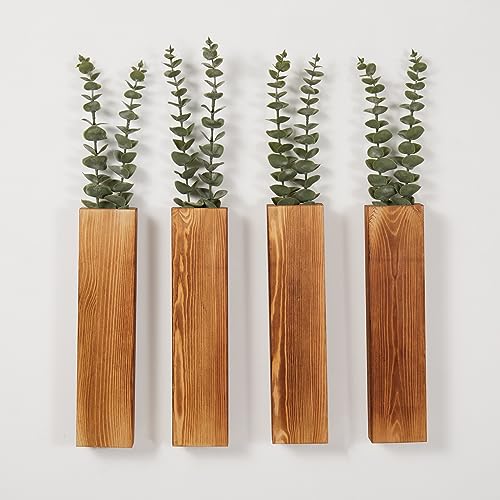 Modern Farmhouse Wood Wall Planters with Artificial Eucalyptus for Living Room, Bedroom, Bathroom (4 Pack)