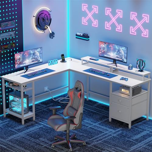 White L-Shaped Desk with Power Outlet and Storage