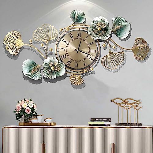 Silent 37 Inch Metal Wall Clock with Ginkgo Leaf Design